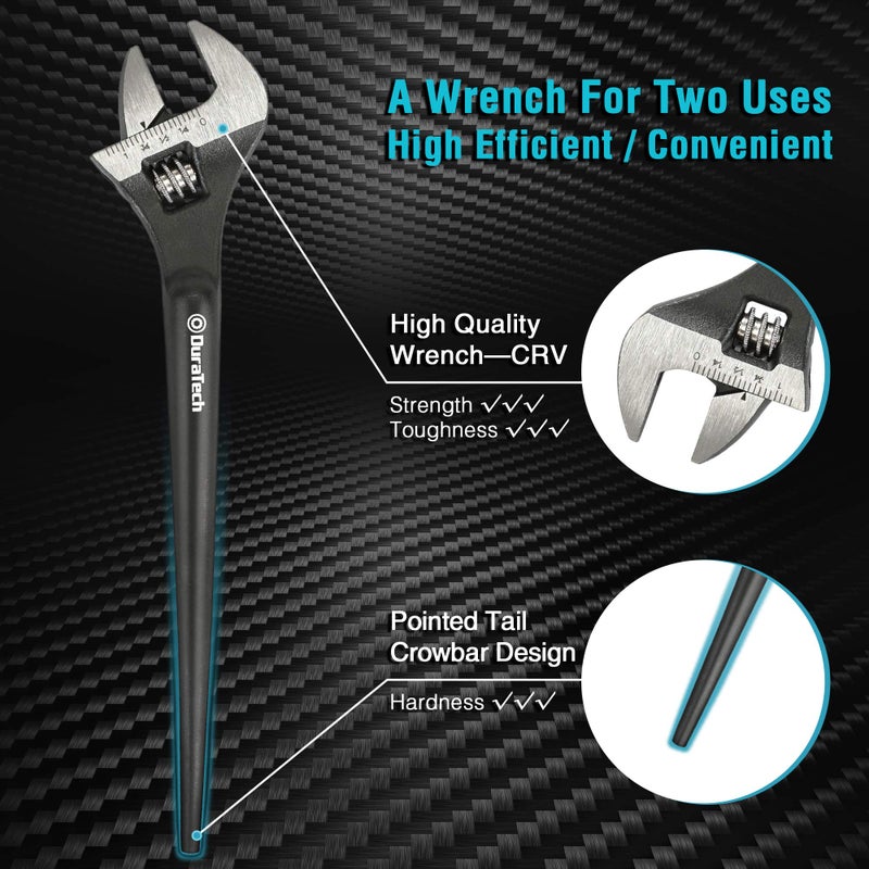DURATECH 8-Inch Adjustable Construction Spud Wrench, Black Oxide Finish, CR-V Steel, SAE and Metric Scale Marked, Alignment Holes and Tail Crowbar Features - Image 3